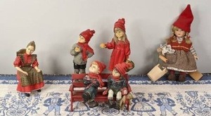 Collection of Six (6) Christmas Figures with Two (2) Miniature Seats and Blue Table Runner