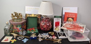 Christmas and Religious Items Christmas Ornaments, Crocheted Crosses, Books, Candle Holder, Lamp and More