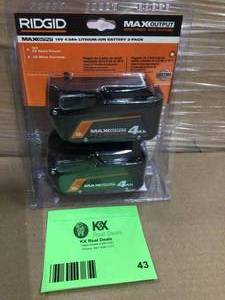 lot 43 image: RIDGID 18V Lithium-Ion MAX Output 4.0 Ah Battery (2-Pack)