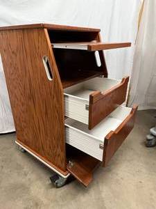 lot 4 image: Wood 3 Drawer Wood Cabinet Cart Podium - Nice Condition