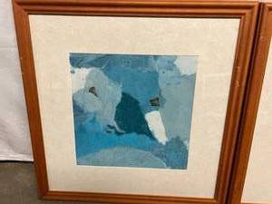 lot 20 image: Lovely Pair Blue & Gold Foil Prints - Good Condition - Wood Frame Has Some Wear