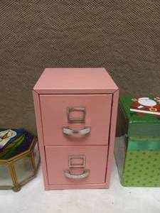 lot 103 image: MINI FILE CABINET, X-MAS BOXES & STAINED GLASS BRASS FLOWER TRINKET BOX