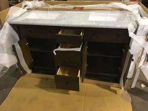 61 in. W x 22 in. D x 37.7 in H Vanity in Antique Coffee with Marble Top in Carrara White with White Ceramic Basin Customer return Review all pictures
