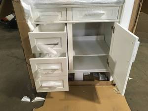 Home Decorators Collection Sonoma 36 in. W x 22 in. D x 34 in. H Bath Vanity in White with White Carrara Marble Top Has Damage Customer return review all pictures