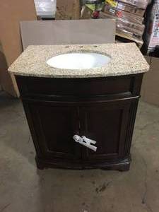 Home Decorators Collection Terryn 31 in. W x 35 in. H x 20 in. D Vanity in Cherry with Granite Vanity Top in Beige with White Basin Customer return Review all pictures