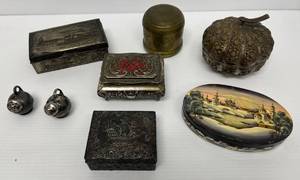 Group Of Misc. Antique Ornate Matel Trinket Boxes Including Chicagos World Fair Items (One Is Heavy Brass )