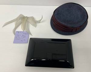 Group Including Vintage 1950s Hair Piece, Hard Acrylic Trinket Box  Clutch Purse & Antique Hat