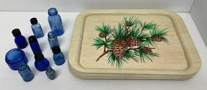 Group Including Vintage Blue Bottles And 1980s Iowa Acorn Design Metal Trays
