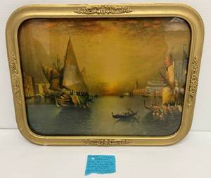 Vintage Framed Behind Glass Print River Boats Loading 17 12 x 13 12