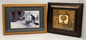 Pair Of Framed Behind Glass Prints  1 Globe Artwork 19 34 x 19 34 1 Girl Snow Scene 27 x 19