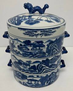 Very Rare Bombay Co. Porcelain Dragon & Blue Willow Tiffin Tiered Dish Lunch Box