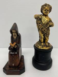 Vintage Wooden Monk Carving And Cherub