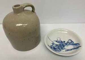 Group Including Vintage Pottery Jug And Antique Blue And White Bowl With Oriental Design