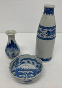 Group Of Three Vintage Oriental Blue And White Items Including Sake Jar