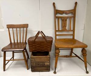 Group Of Primitive Items Including Wood Chairs , Crate And More