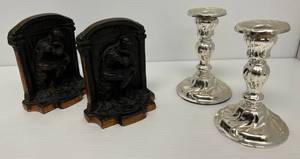 Pair Of Bronze Book Ends 5 12T x 4 38 W x 2 18 D And Pair Of Elite Silverplate Candle Sticks Made In Western Germany 5 12T x 3 12