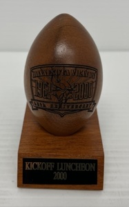 Mini Laser Etched Wooden Football With Vikings 40Th Anniversary Kickoff Luncheon (From Bill Brown Estate) 3 34 T