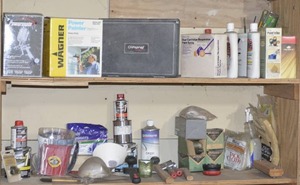 lot 120 image: 2 SHELF CONTENTS PAINTING SUPPLIES