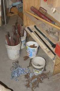 lot 122 image: 2 SHELF CONTENTS AX, POST POUNDER, BUCKETS, AND CHAINS