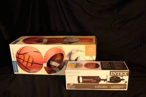 lot 91 image: Protocol Basketball, Football, Soccer Ball Set and Intex Hand Pump Inflator