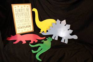 lot 137 image: Dinosaur Picture and 4 Wooden Dinos