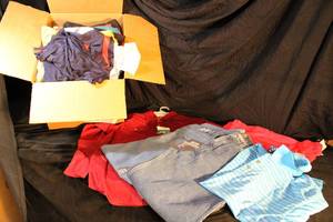 lot 143 image: Box of Mens Clothing, Shirts, Pants, Sweatshirts and More