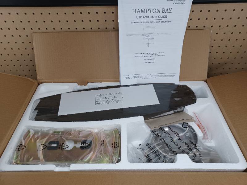 lot 139 image: New Hampton Bay Stoneridge 52 in. IndoorOutdoor LED Brushed Nickel Hugger Ceiling Fan with Light Kit and 5 Reversible Blades