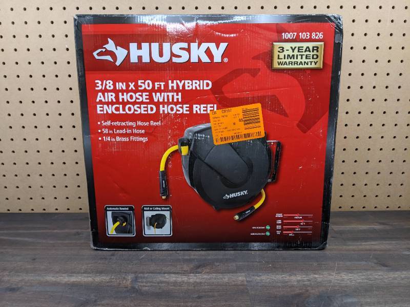 Husky 3/8 in. x 50 ft. Enclosed Hybrid Air Hose Reel  WHD3: Milwaukee,  Dewalt, RYOBI, Makita, Husky, RIDGID, Bosch, Dremel, Rheem, Kreg, Task,  Kwikset, Power Tools, Batteries and Chargers, Hand Tools