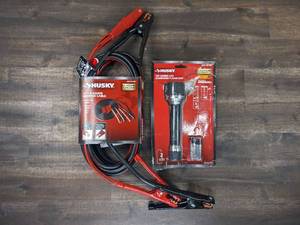 lot 84 image: New Husky 12 ft. 8-Gauge UL Booster Cables and Husky 120 Lumens Virtually Unbreakable Flashlight