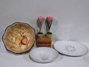 Hand Painted Bowl, China and Artificial Tulips