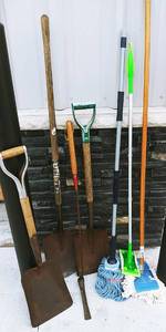 Assorted Household Cleaning Items and Shovels