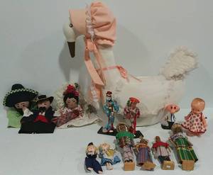 Vintage Dolls, Large Stuffed Mother Goose and Hand Puppets