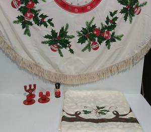 Vintage Swedish Red Wood Candelabra, Candle Holders, Wood Toy Soldier, Christmas Tablecloths