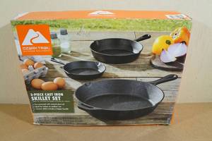 lot 195 image: Ozark Trail 3-Piece Cast Iron Skillet Set - 6, 8, 12