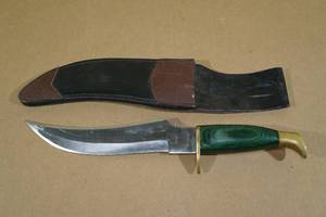 lot 265 image: Stainless Blade Knife with Exotic Wood Handle and Leather Sheath