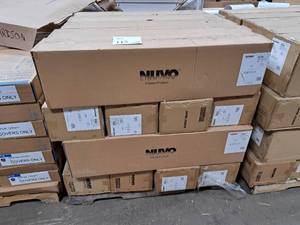 lot 115 image: Lot of (1 Pallet  18) Satco Nuvo 60-5455 Brushed Nickel  Satin White Glass Five Light Island Pendant 100W A19 Medium Base Lighting Fixtures