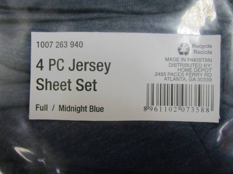lot 612 image: Styewell Jersey Knit Cotton Blend Midnight Blue 4-Piece Full Sheet Set (NEW IN PACKAGING)