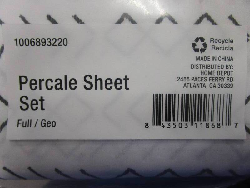 lot 615 image: Stylewell Cotton Percale White and Charcoal Gray Geo Stripe 4-Piece Full Sheet Set (NEW IN PACKAGING)