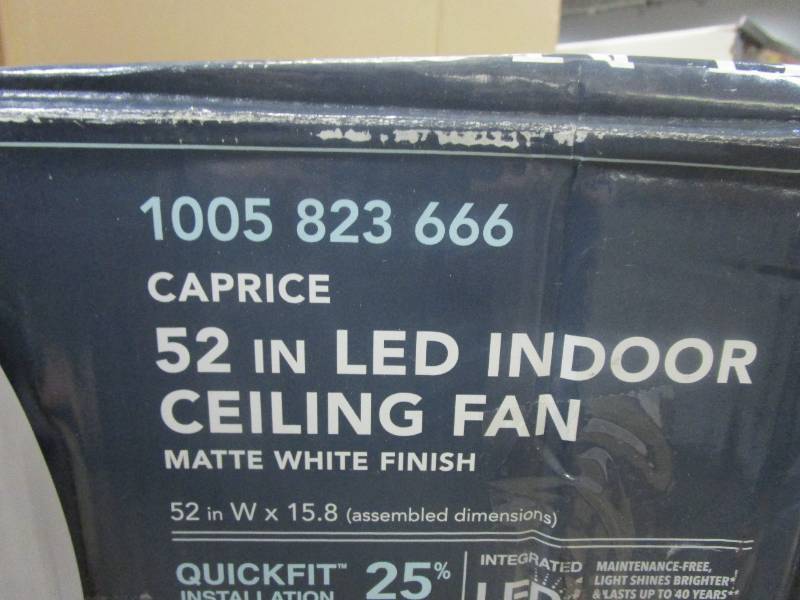 lot 630 image: Hampton Bay Caprice 52 in. Integrated LED Indoor Matte White Ceiling Fan with Light Kit and Remote Control (OPEN BOX, BOX DAMAGED)
