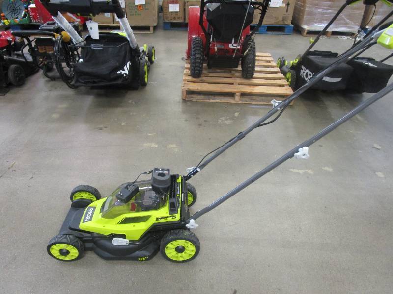 lot 654 image: RYOBI ONE 18V 13 in. Cordless Battery Walk Behind Push Lawn Mower with 4.0 Ah Battery and Charger (MISSING BAGGER)