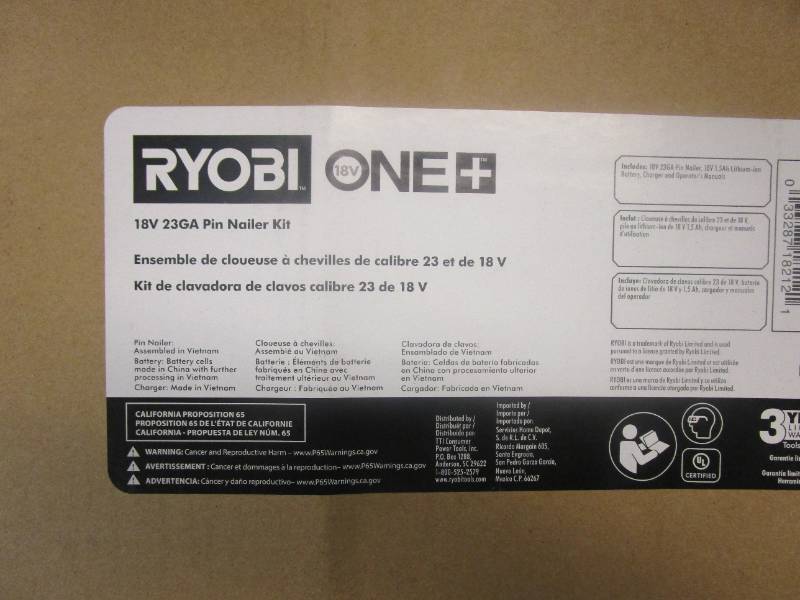 lot 141 image: RYOBI ONE 18V Cordless AirStrike 23-Gauge 1-38 in. Headless Pin Nailer Kit with 2.0 Ah Battery and Charger (NEW IN BOX)