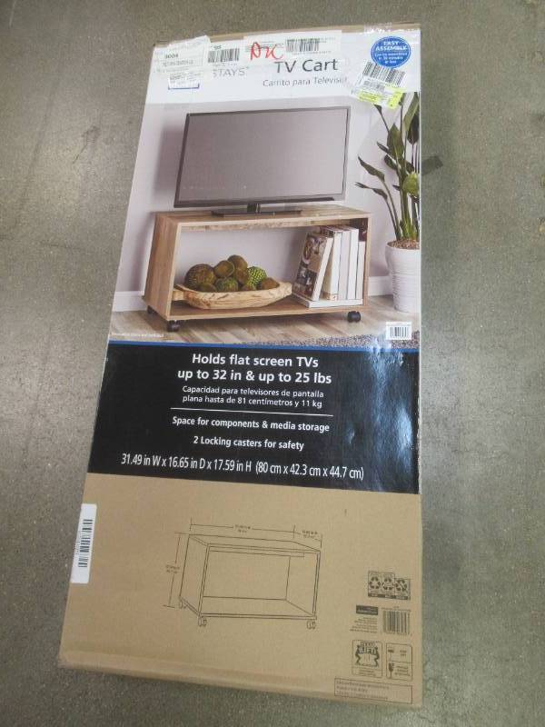 lot 658 image: Mainstays TV Cart for Flatscreen TVs up to 32, Rustic Weathered Oak Finish - OPEN BOX,  SOLD AS IS
