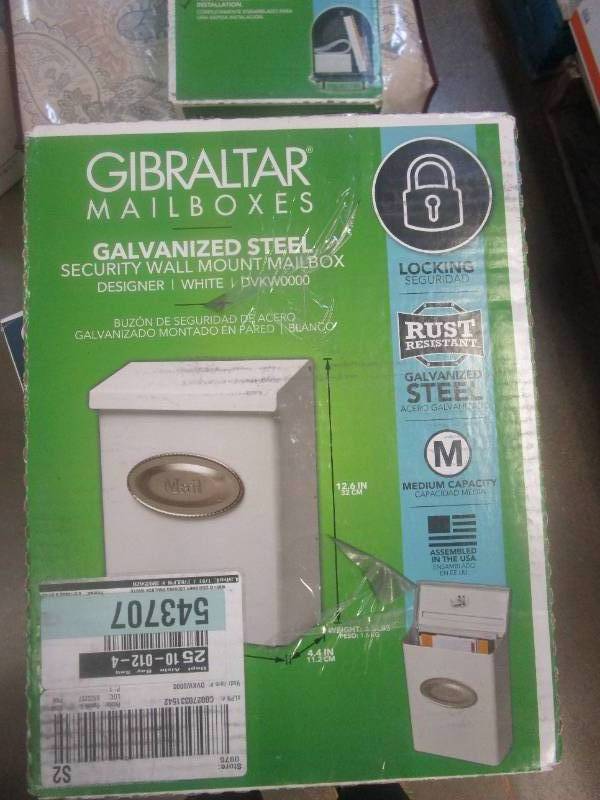 lot 384 image: Gibraltar Mailboxes Designer White with Satin Nickel, Medium, Steel, Locking, Wall Mount Mailbox (OPEN BOX)