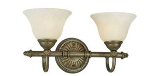 lot 520 image: Progress Lighting Savannah Collection 16.25 in. 2-Light Burnished Chestnut Vanity Light with Antique Alabaster Glass Shades (OPEN BOX)