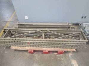 lot 839 image: Industrial RackingShelving Unit, 5 Uprights and 18 Beams, No Decking, Dimensions Uprights, 94 x 17, Beams, 72 In nice condition, Used in Warehouse - SOLD AS IS.