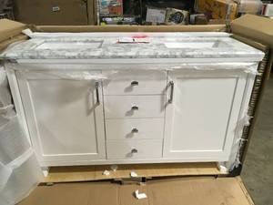 Home Decorators Collection Rockleigh 60 in. W x 22 in. D Bath Vanity in White with Marble Vanity Top in Carrara White with White Basin Open Box Review all pictures