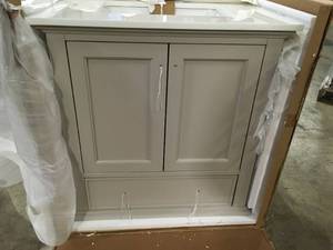 Home Decorators Orillia 30 in. W x 22 in. D Vanity in Greige with Marble Vanity Top in White with White Sink (84) Q, Open Box, Review all pictures