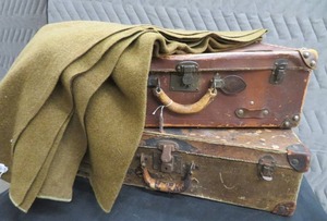 WOOL ARMY BLANKET  2 VINTAGE SUITCASES