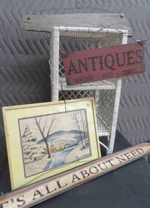 VIBTAGE WICKER SHELF AND SIGNS