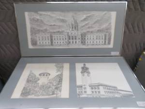 3 ROGU HALL FRAMED PEN AND INK DRAWINGS
